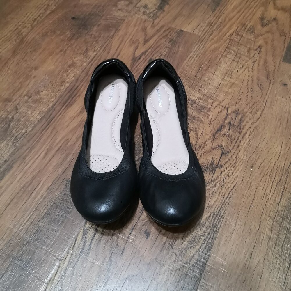 New Lands End Black Leather Ballet Flats Comfort Slip On Size‎ 9.5B
